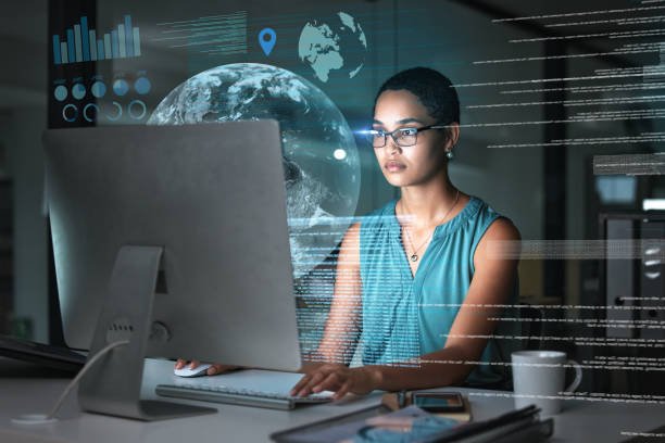 Computer, Earth data hologram and woman reading digital marketing solutions in Europe