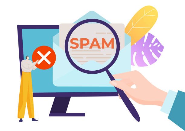 Male hand hold magnifying glass, monitor display malware anti spam mail application clearing email flat vector illustration